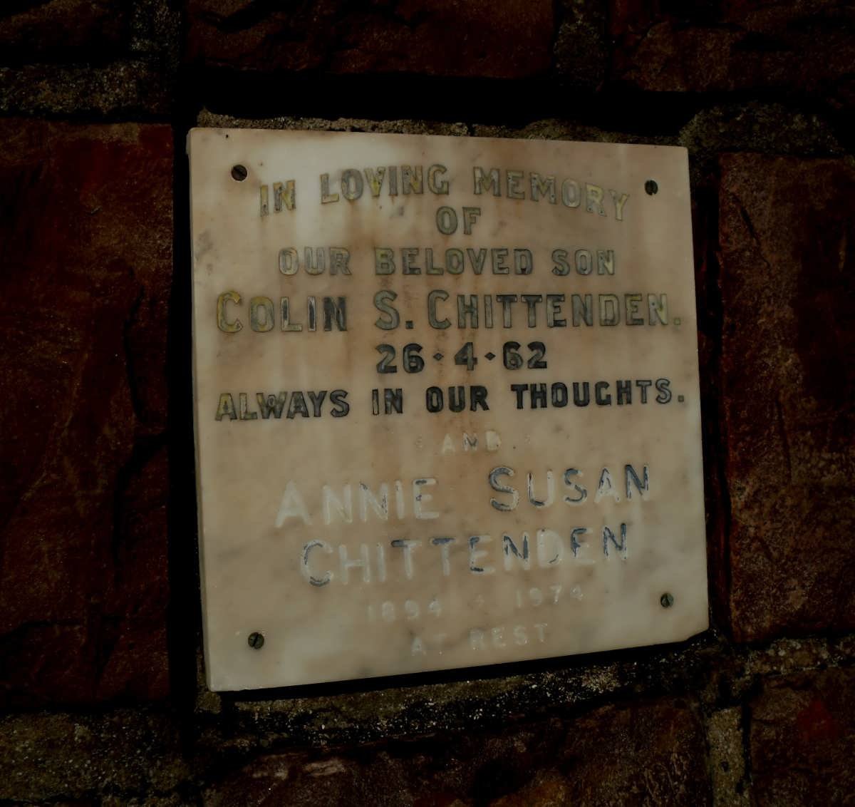 CHITTENDEN Colin S. -1962 &amp; Annie Susan 1894-1974