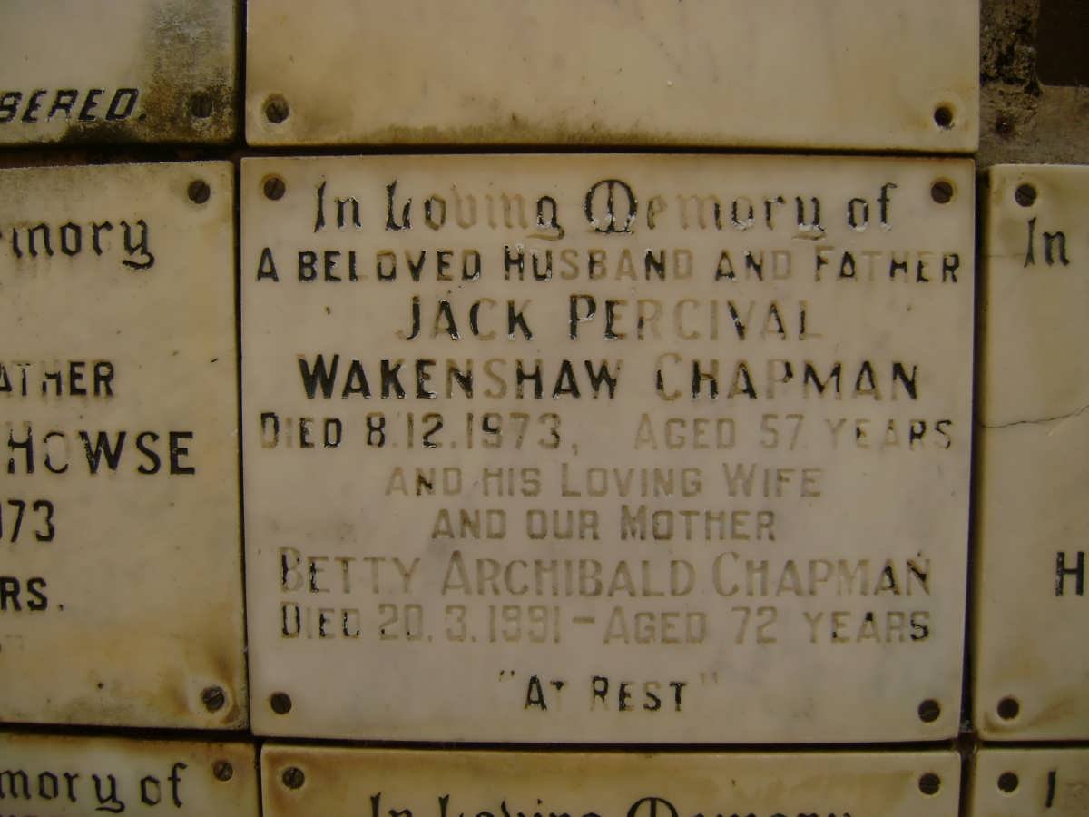 CHAPMAN Jack Percival Wakenshaw -1973 &amp; Betty Archibald -1991