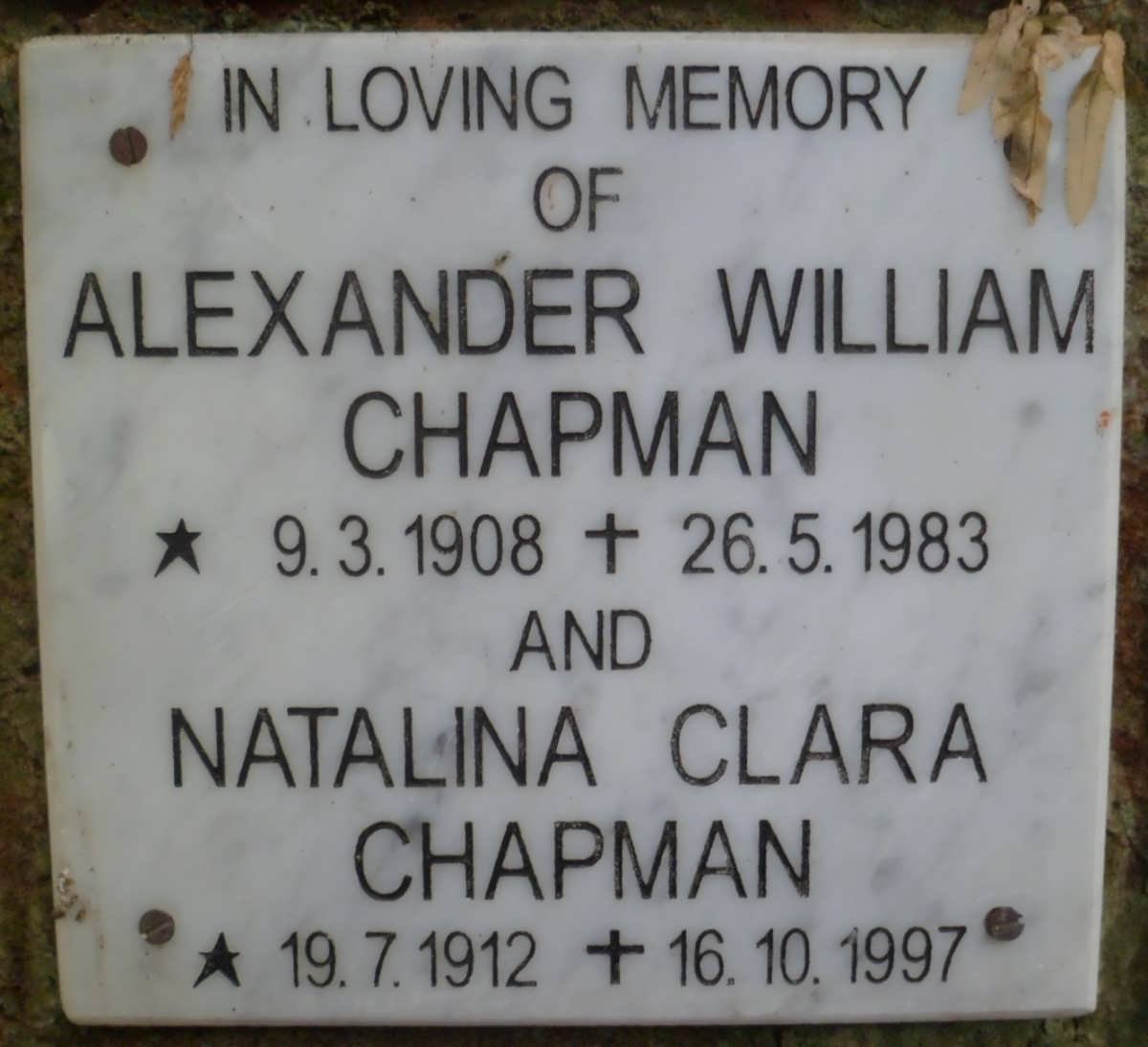 CHAPMAN Alexander William 1908-1983 &amp; Natalina Clara 1912-1997