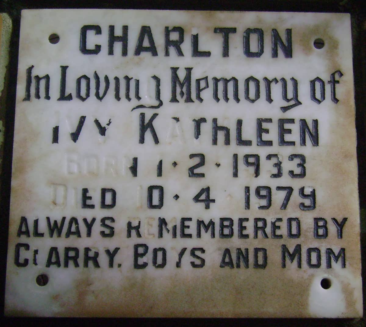 CHARLTON Ivy Kathleen 1933-1979
