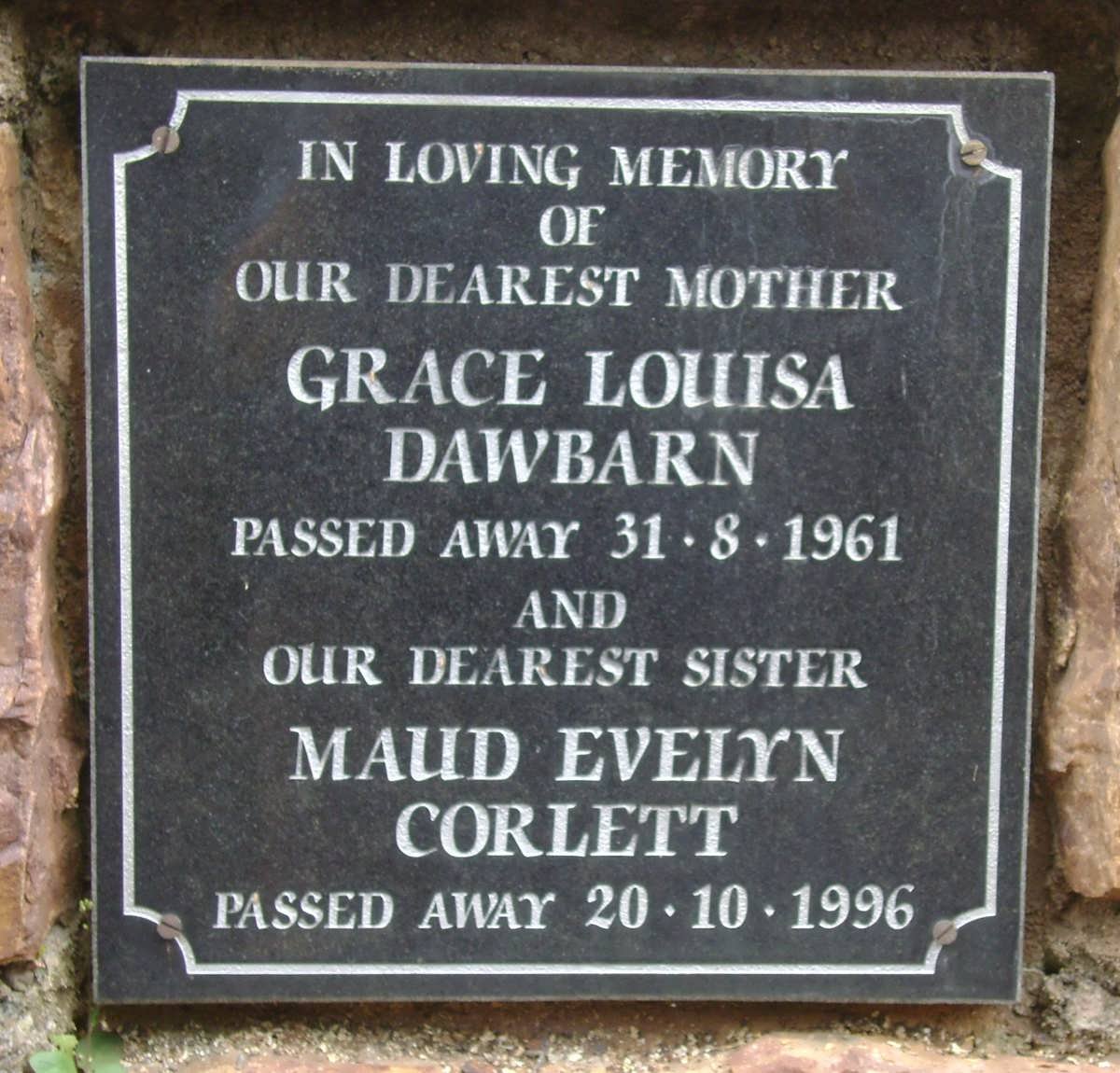 DAWBARN Grace Louisa -1961 :: CORLETT Maud Evelyn -1996