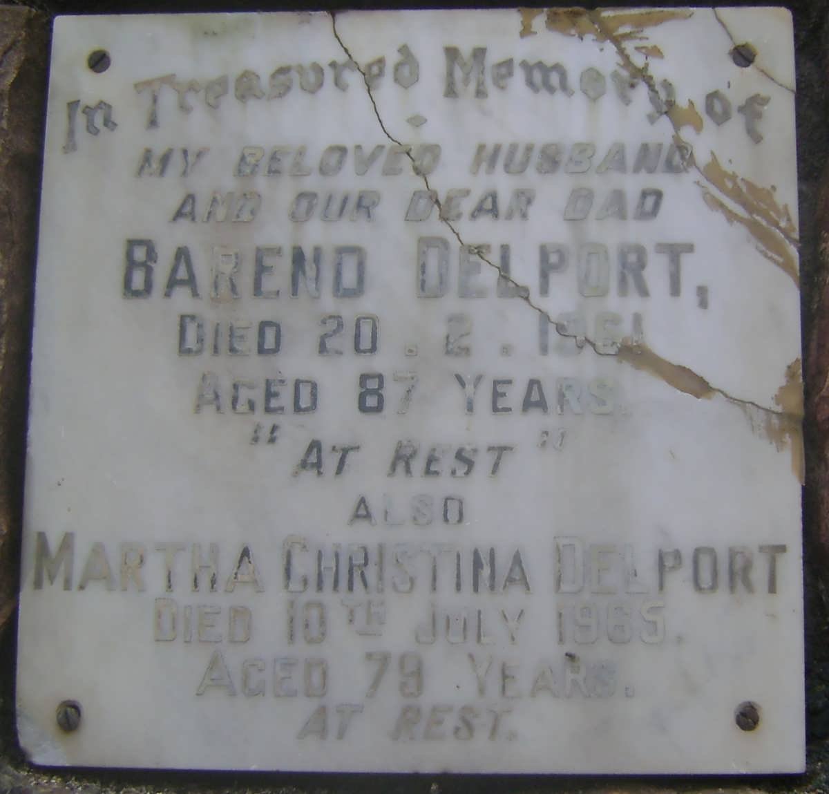 DELPORT Barend -1961 &amp; Martha Christina 1965