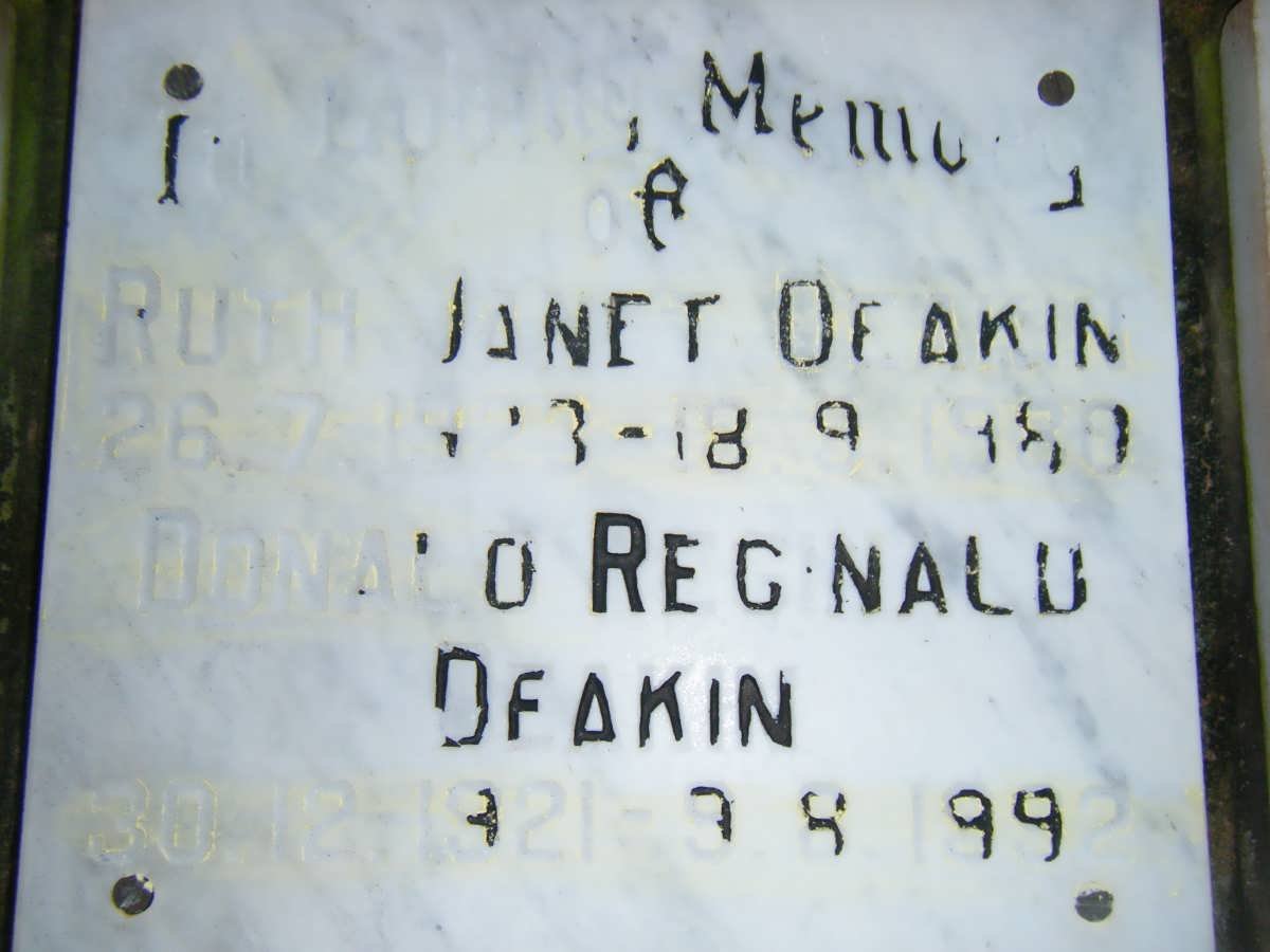 DEAKIN Donald Reginald 1921-1992 &amp; Ruth Janet 1923-1980