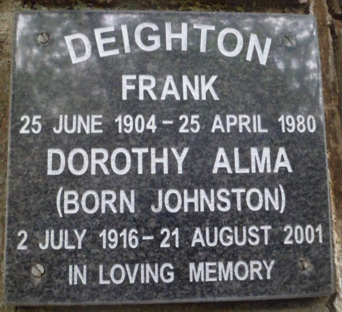 DEIGHTON Frank 1904-1980 &amp; Dorothy Alma JOHNSTON 1916-2001