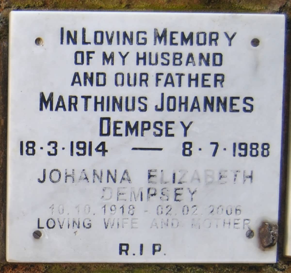 DEMPSEY Marthinus Johannes 1914-1988 &amp; Johanna Elizabeth 1918-2006