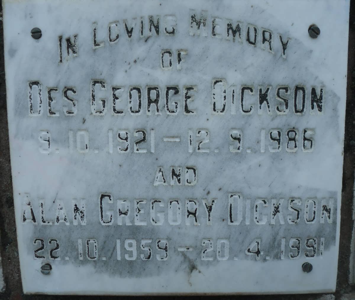 DICKSON Des George 1921-1986 :: DICKSON Alan Gregory 1959-1991
