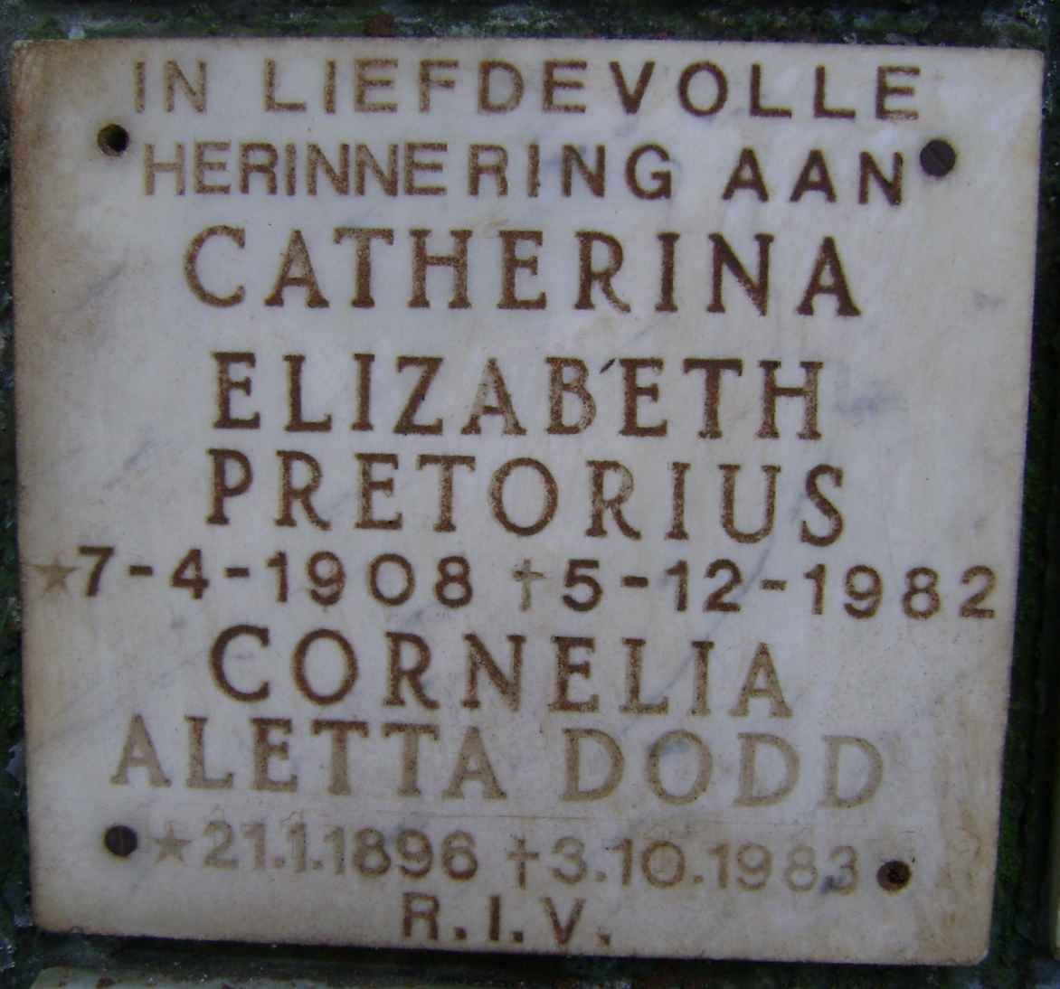 DODD Cornelia Aletta 1896-1983 :: PRETORIUS Catherina Elizabeth 1908-1982