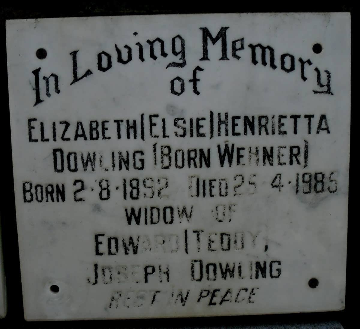 DOWLING Elizabeth Henrietta born WEHNER 1892-1985
