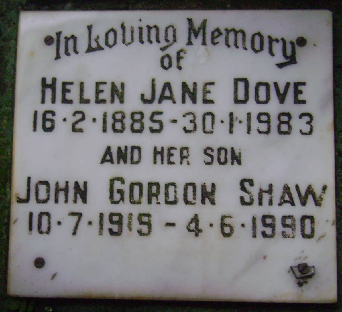 DOVE Helen Jane 1885-1983 :: SHAW John Gordon 1919-1990