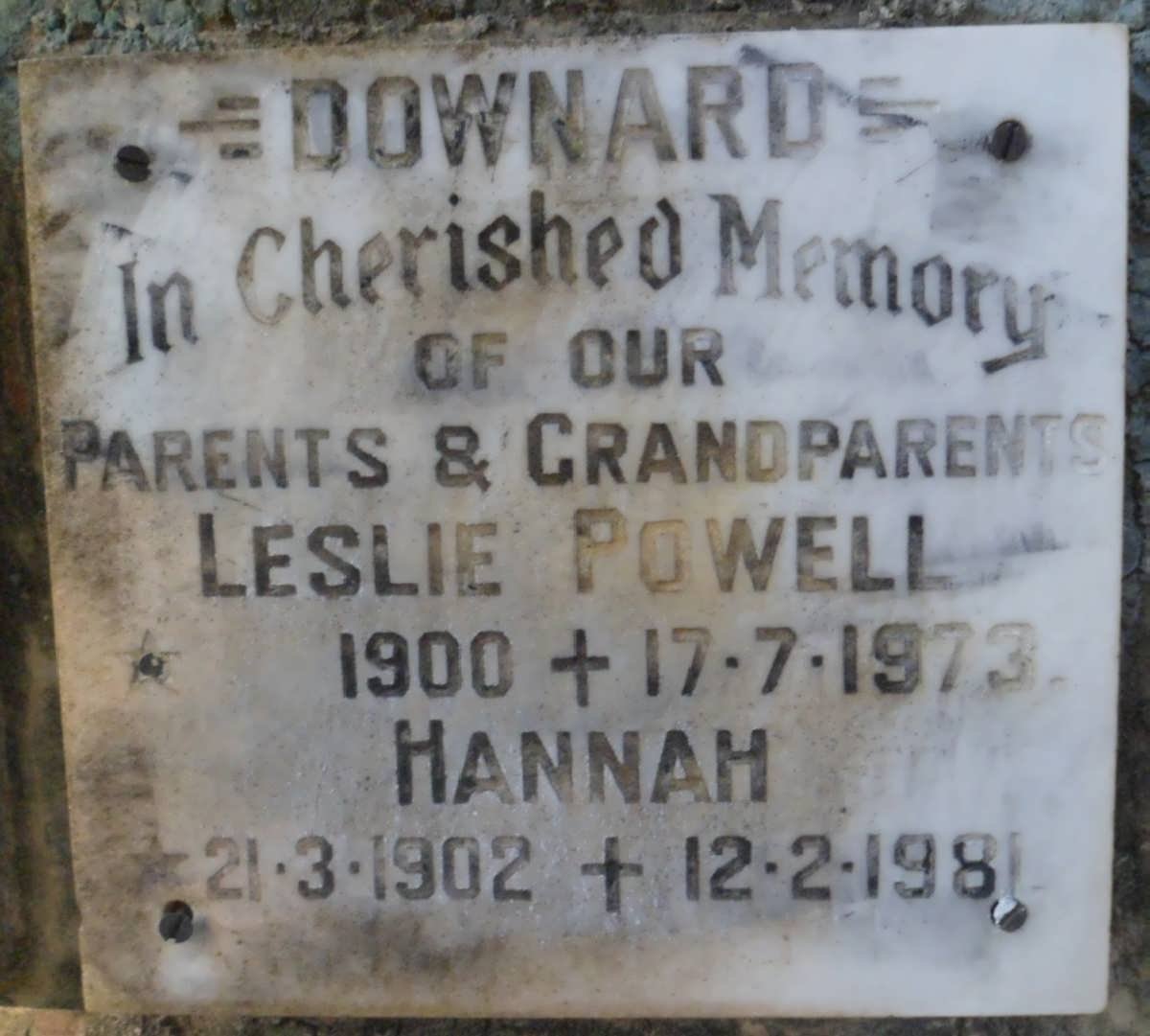 DOWNARD Leslie Powell 1900-1973 &amp; Hannah 1902-1981