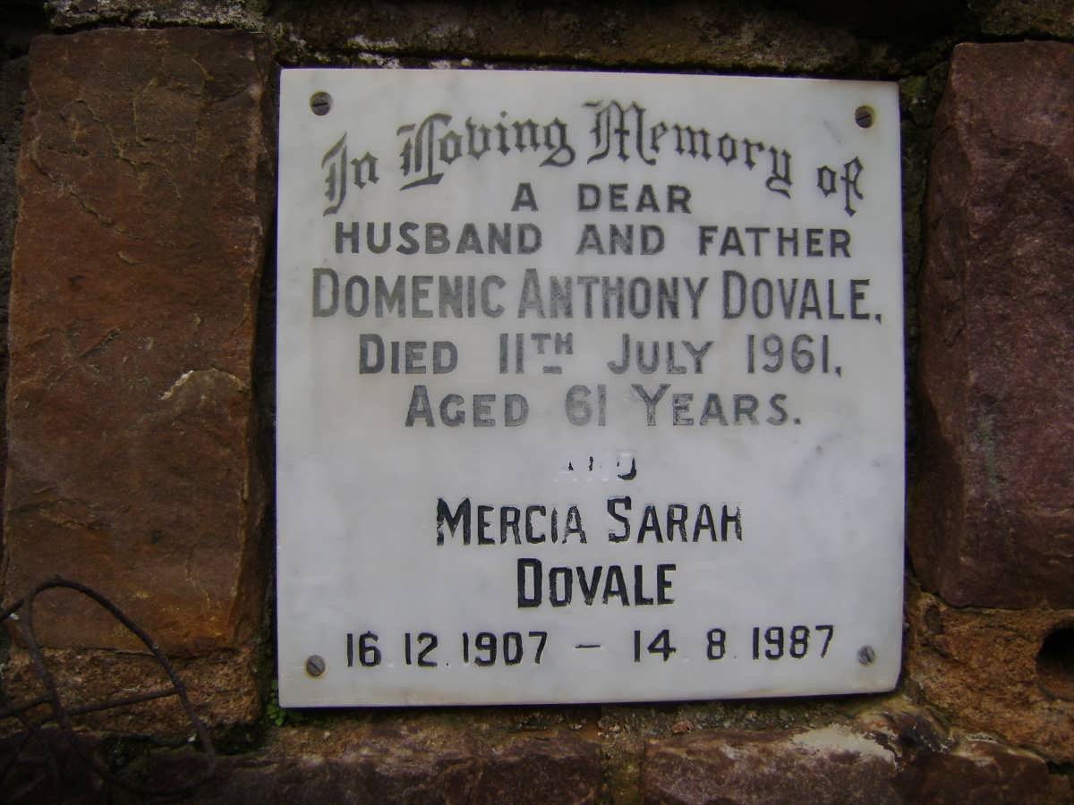 DOVALE Domenic Anthony -1961 &amp; Mercia Sarah 1907-1987