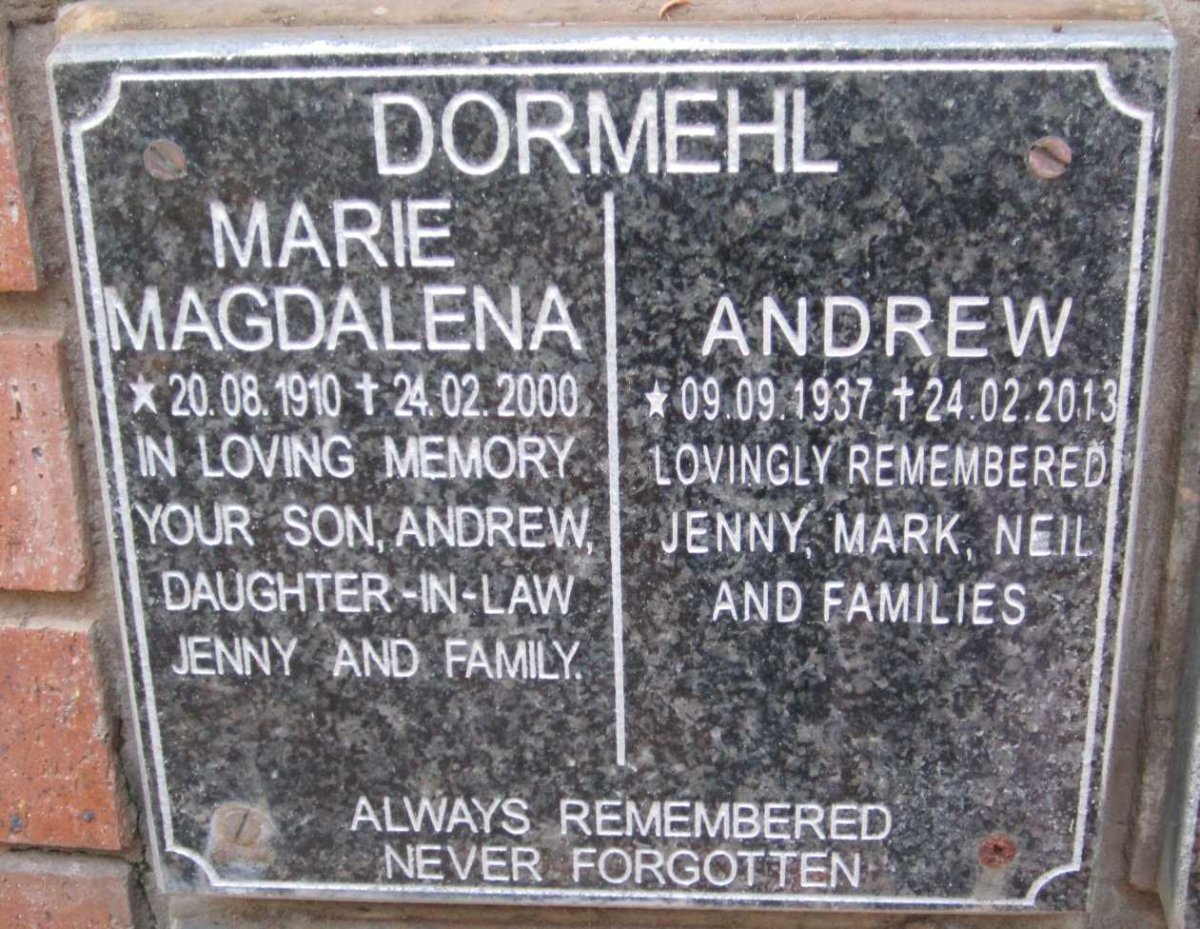 DORMEHL Andrew 1937-2013 &amp; Marie Magdalena 1910-2000