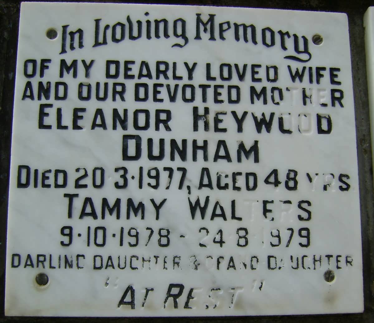 DUNHAM Eleanor Heywood -1977 :: WALTERS Tammy 1978-1979