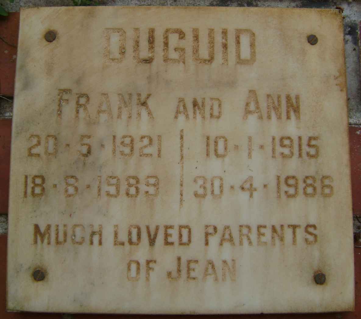 DUGUID Frank 1921-1989 &amp; Ann 1915-1986