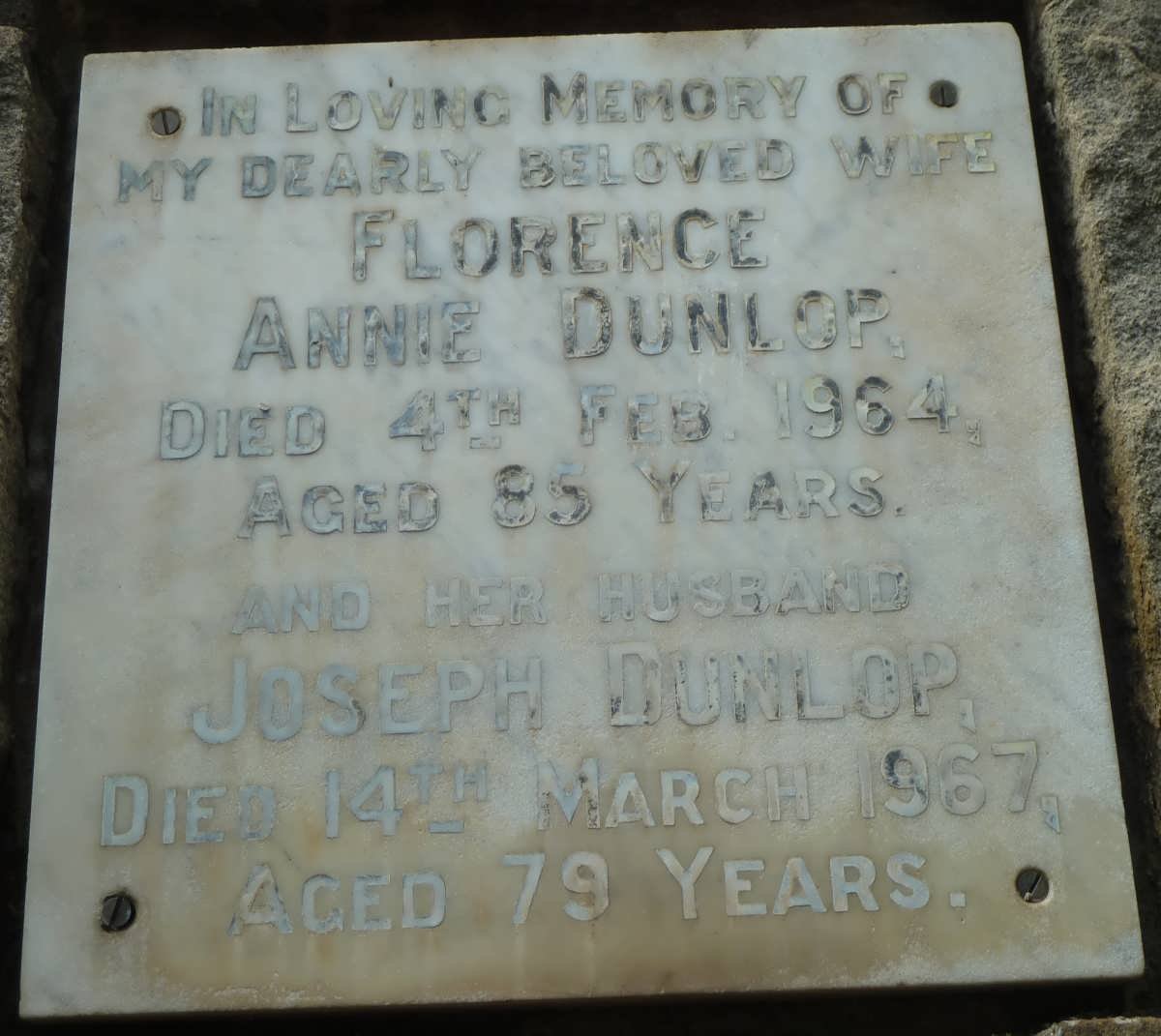 DUNLOP Joseph -1967 &amp; Florence Annie -1964