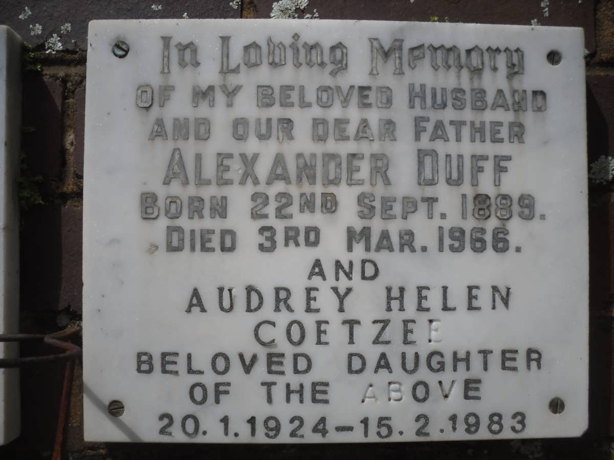 DUFF Alexander 1889-1966 :: COETZEE Audrey Helen 1924-1983