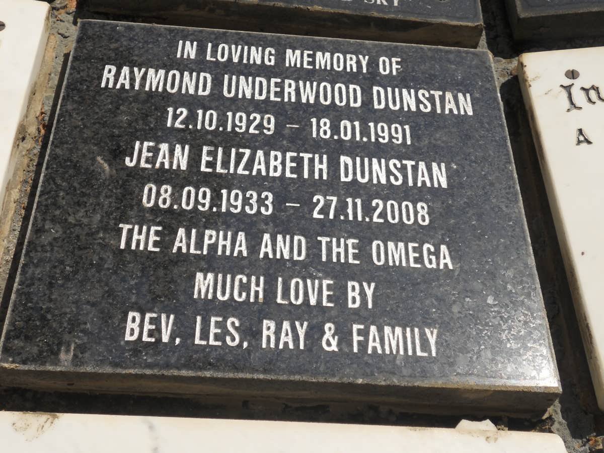 DUNSTAN Raymond Underwood 1929-1991 &amp; Jean Elizabeth 1933-2008