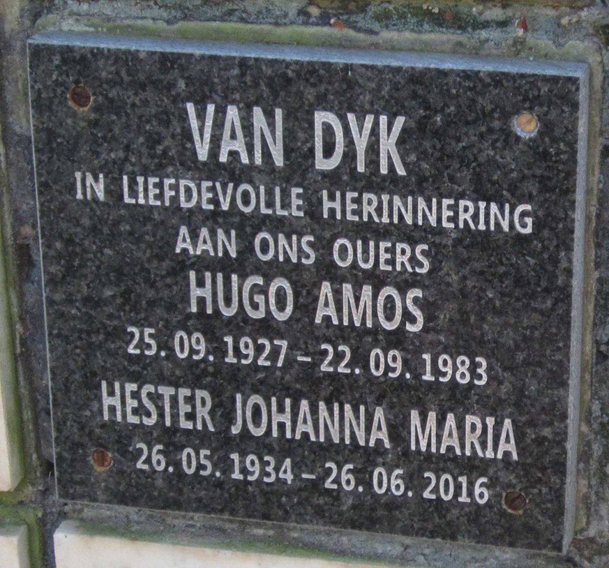 DYK Hugo Amos, van 1927-1983 &amp; Hester Johanna Maria 1934-2016