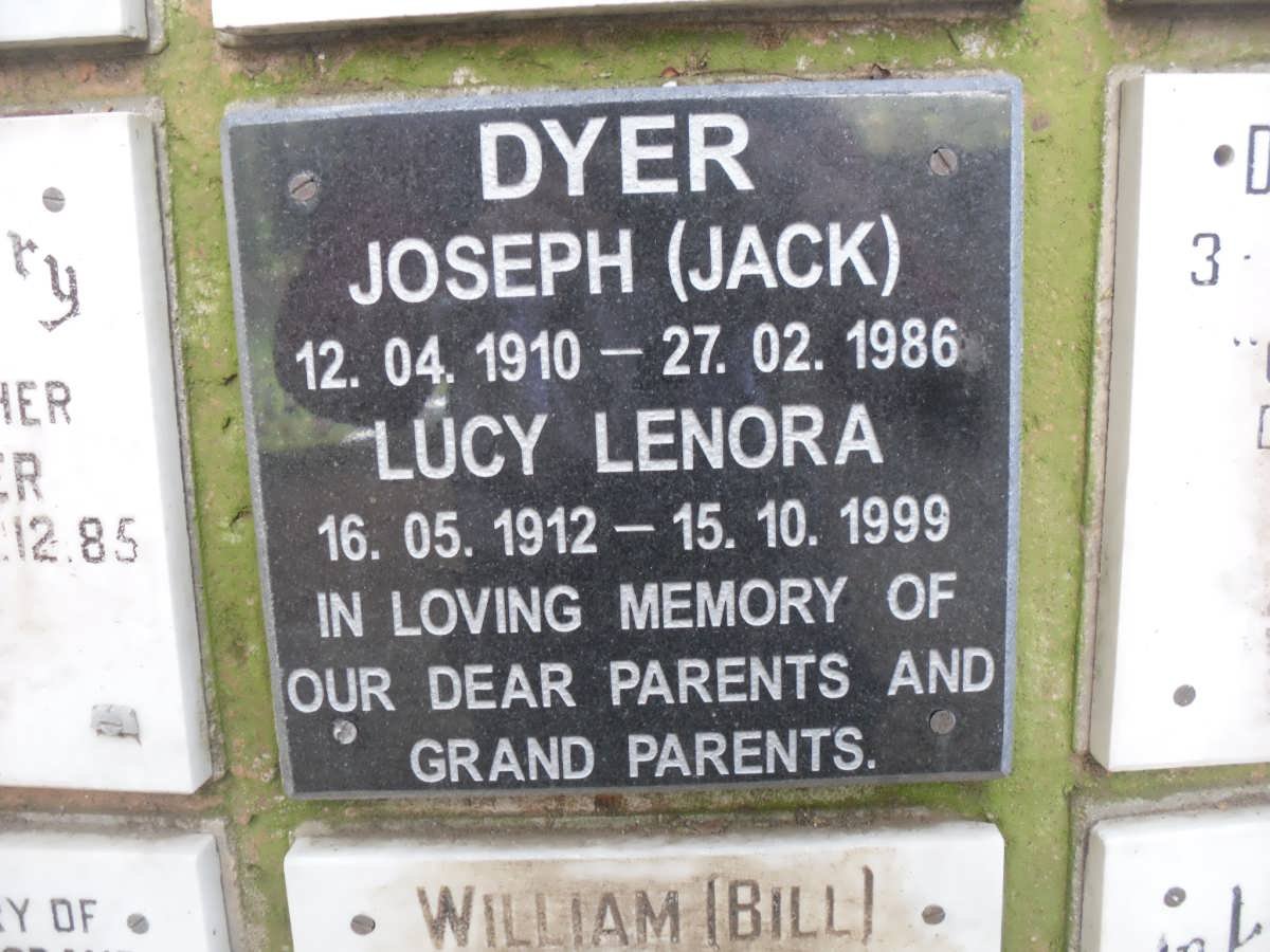 DYER Joseph 1910-1986 &amp; Lucy Lenora 1912-1999