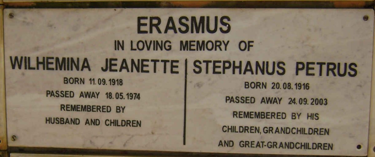 ERASMUS Stephanus Petrus 1916-2003 &amp; Wilhemina Jeanette 1918-1974