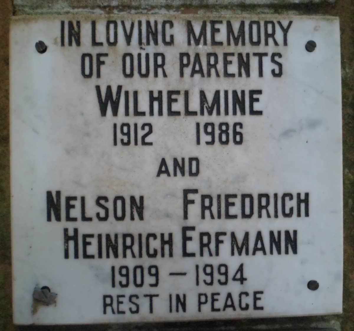 ERFMANN Nelson Friedrich Heinrich 1909-1994 &amp; Wilhelmine 1912-1986