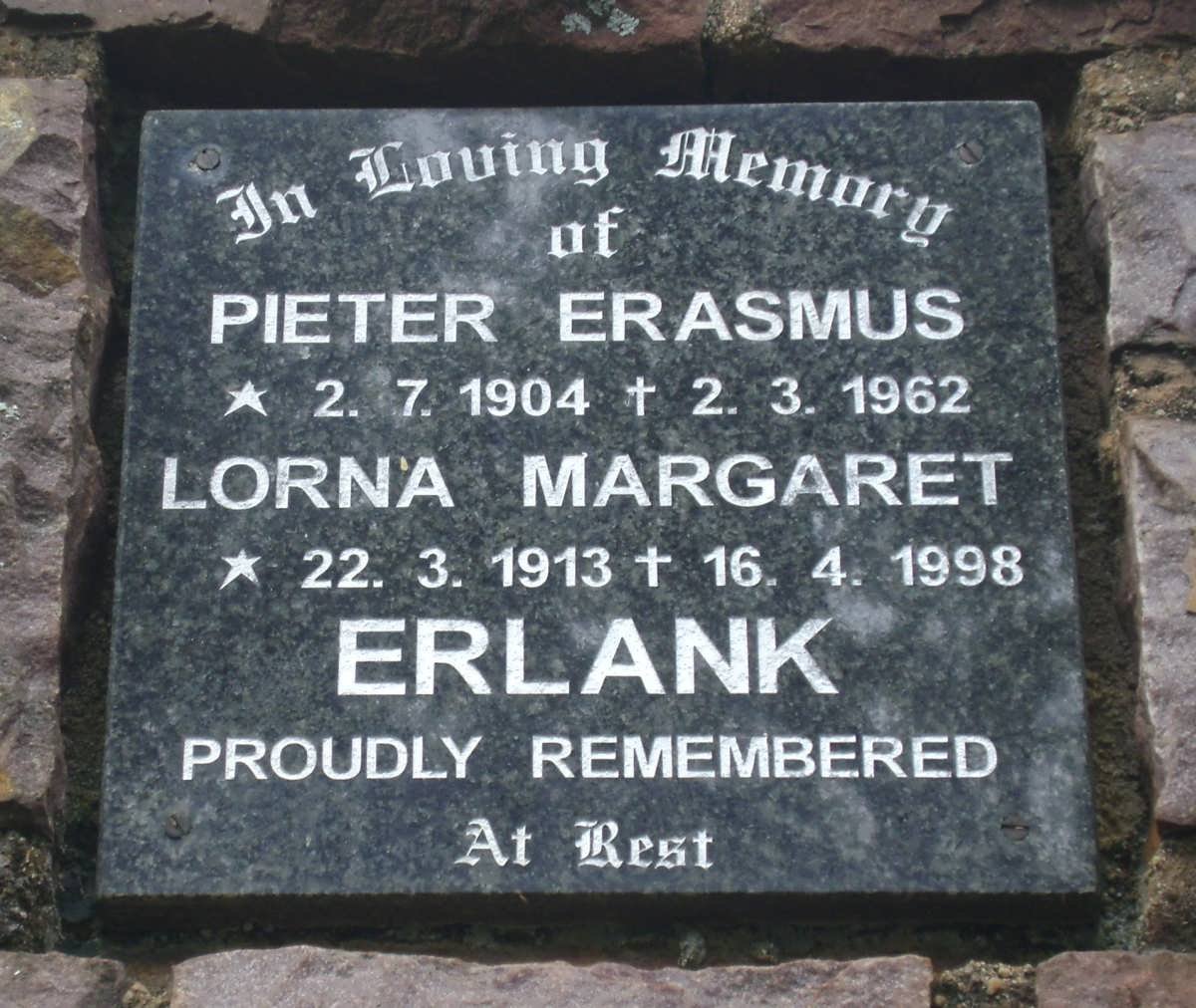 ERLANK Pieter Erasmus 1904-1962 &amp; Lorna Margaret 1913-1998