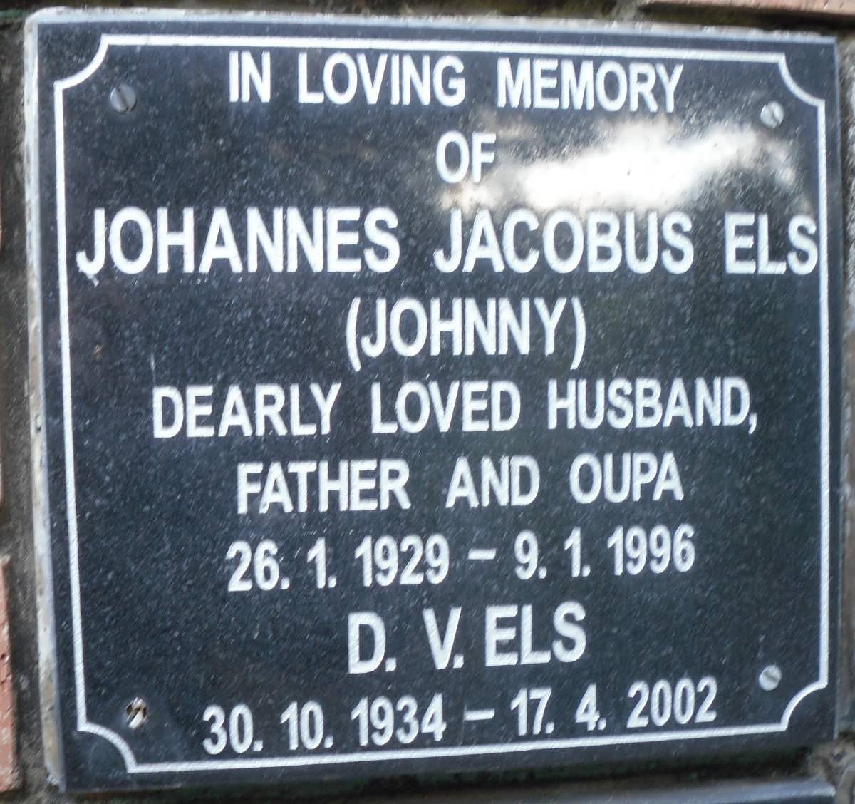 ELS Johannes Jacobus 1929-1996 &amp; D.V. 1934-2002