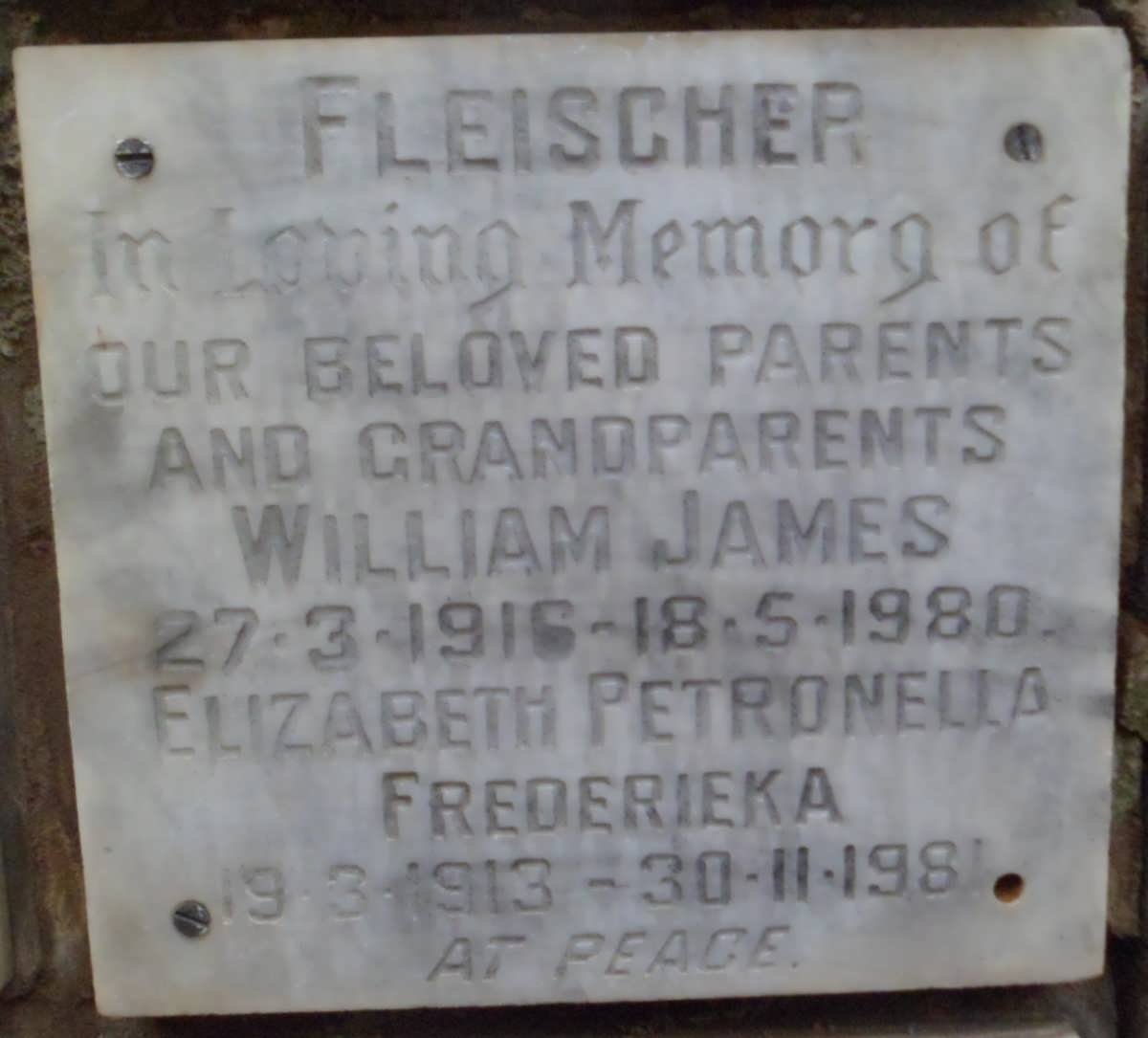 FLEISCHER William James 1916-1980 &amp; Elizabeth Petronella Frederieka 1913-1981