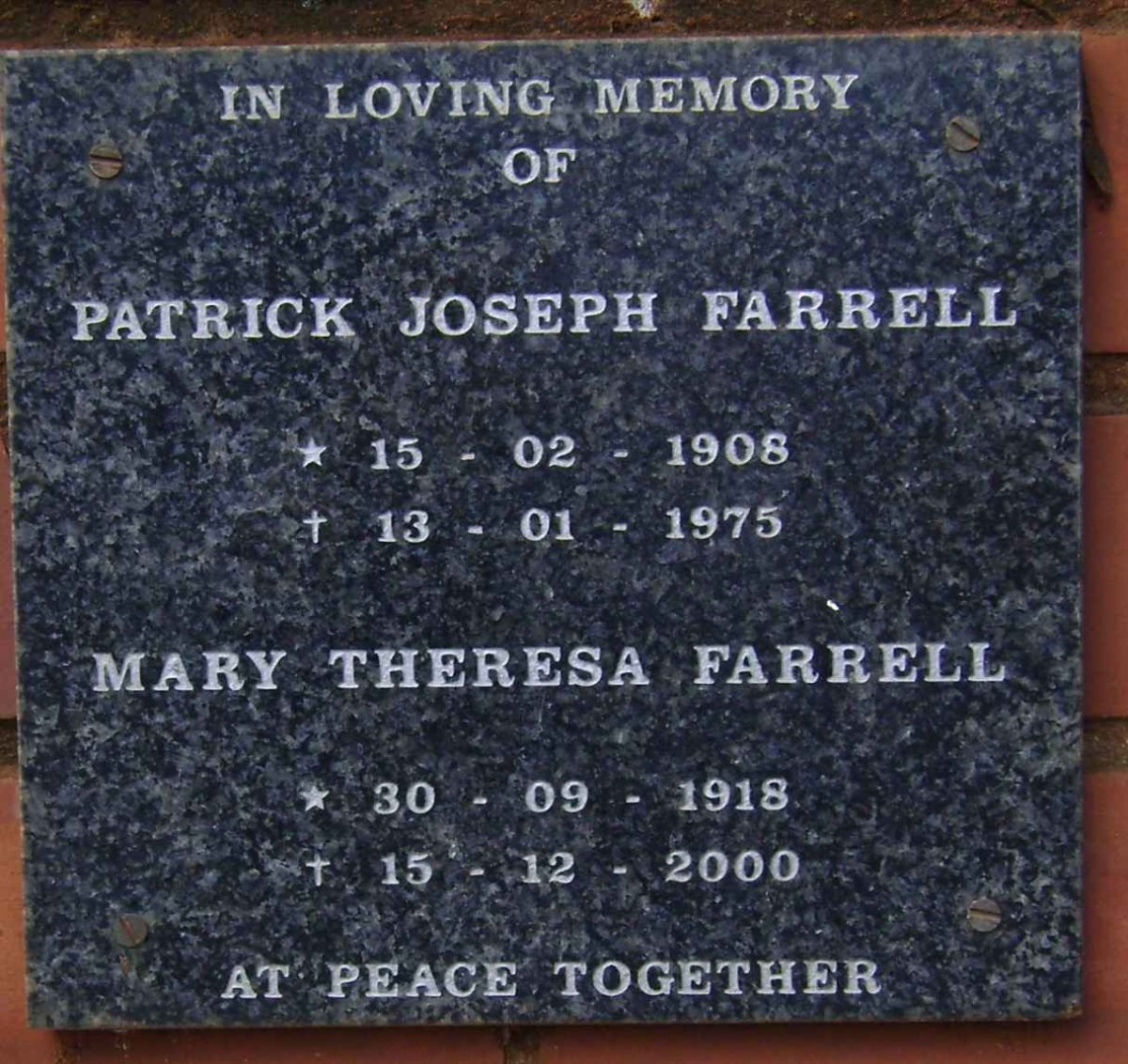 FARRELL Patrick Joseph 1908-1975 &amp; Mary Theresa 1918-2000 