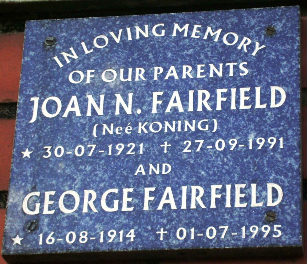 FAIRFIELD George 1914-1995 &amp; Joan N. KONING 1921-1991