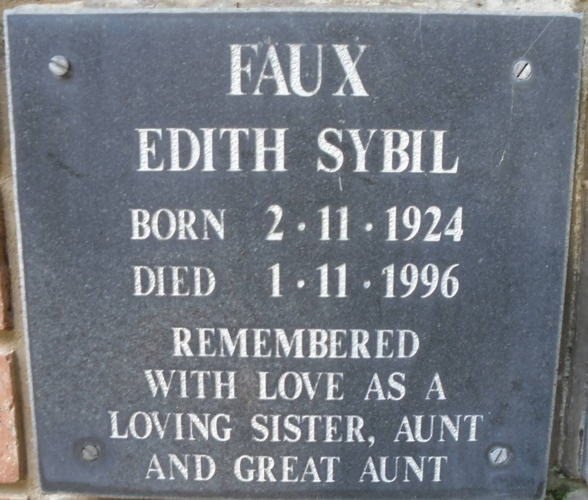 FAUX Edith Sybil 1924-1996