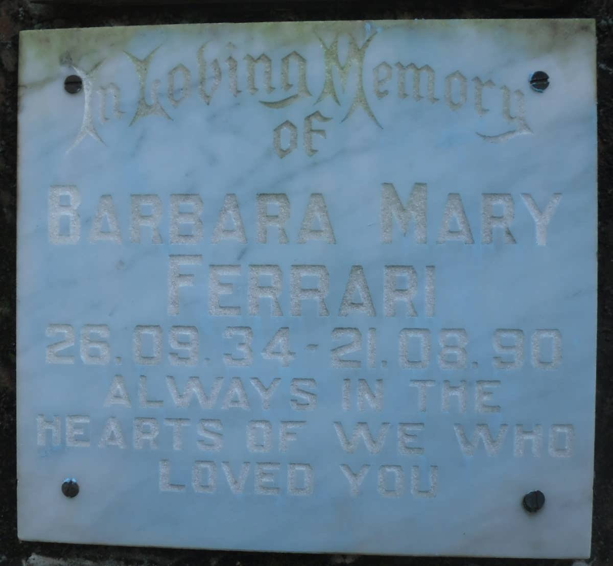 FERRARI Barbara Mary 1934-1990