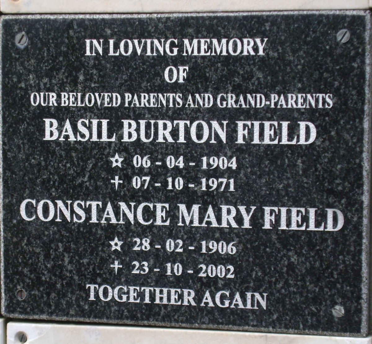 FIELD Basil Burton 1904-1971 &amp; Constance Mary 1906-2002