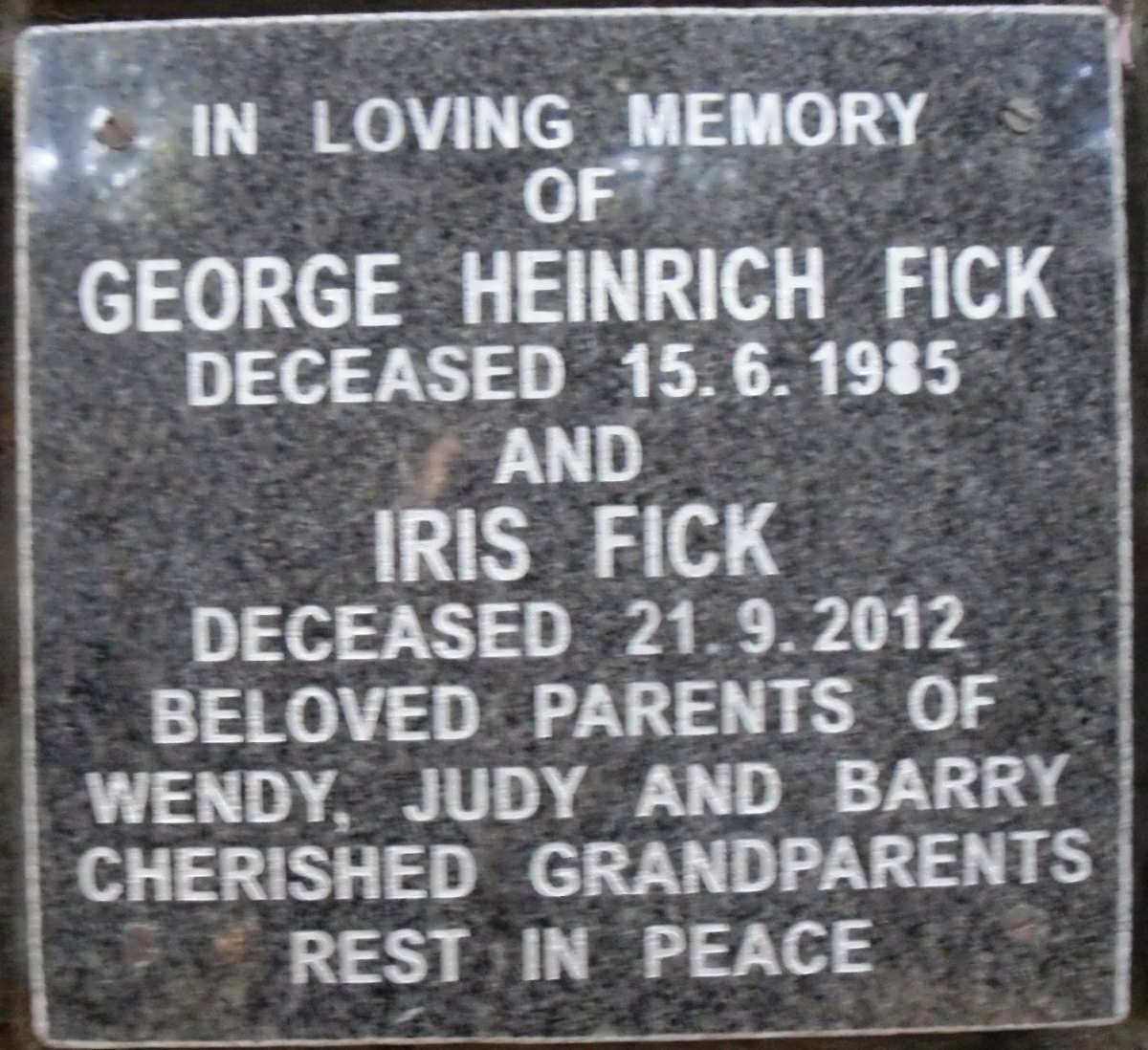 FICK George Heinrich -1985 &amp; Iris -2012