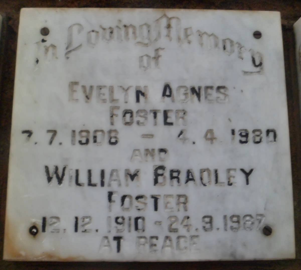 FOSTER William Bradley 1910-1987 &amp; Evelyn Agnes 1908-1980