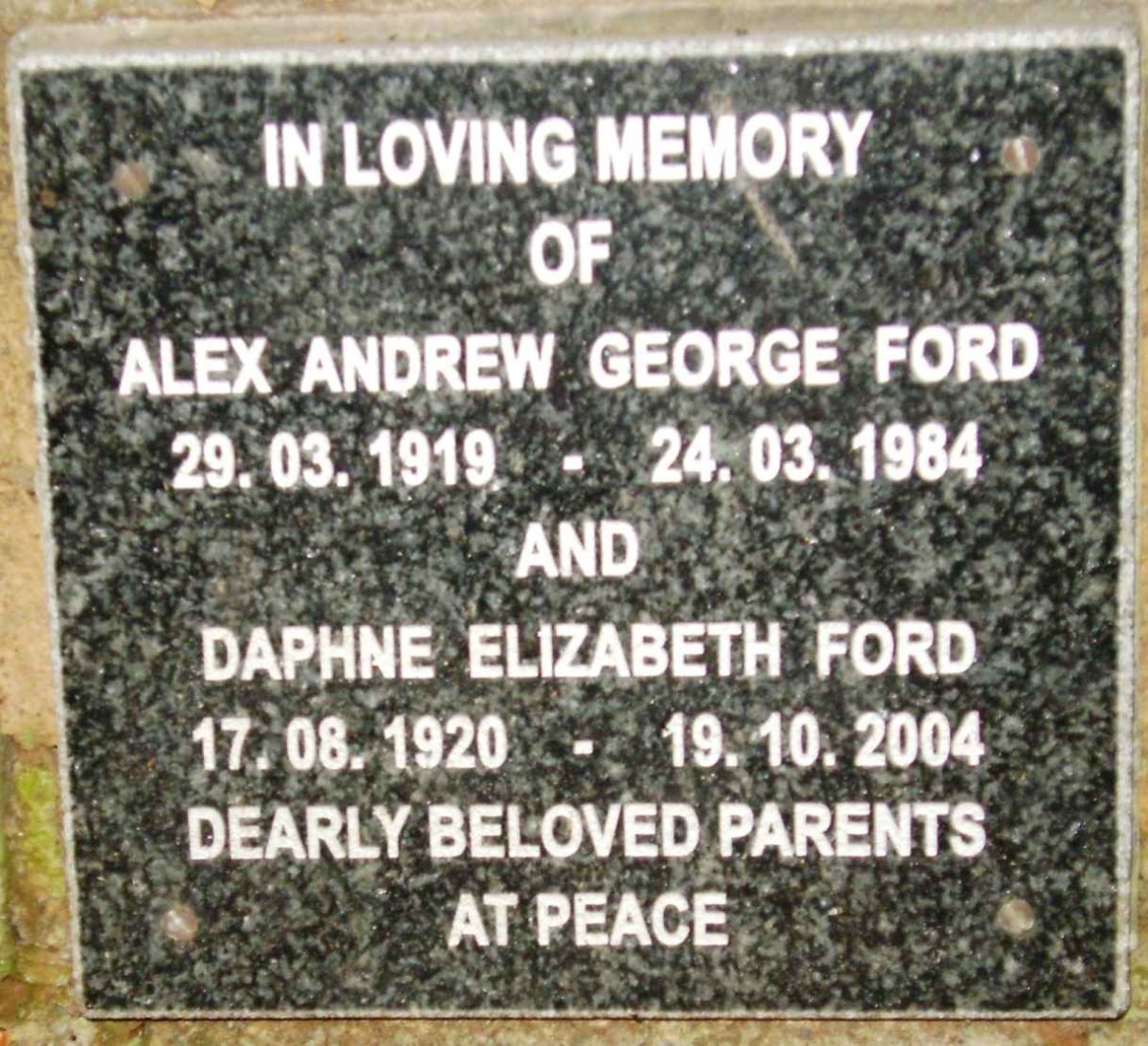 FORD Alex Andrew George 1919-1984 &amp; Daphne Elizabeth 1920-2004