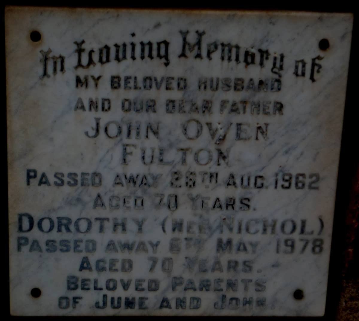 FULTON John Owen -1962 &amp; Dorothy NICHOL -1978