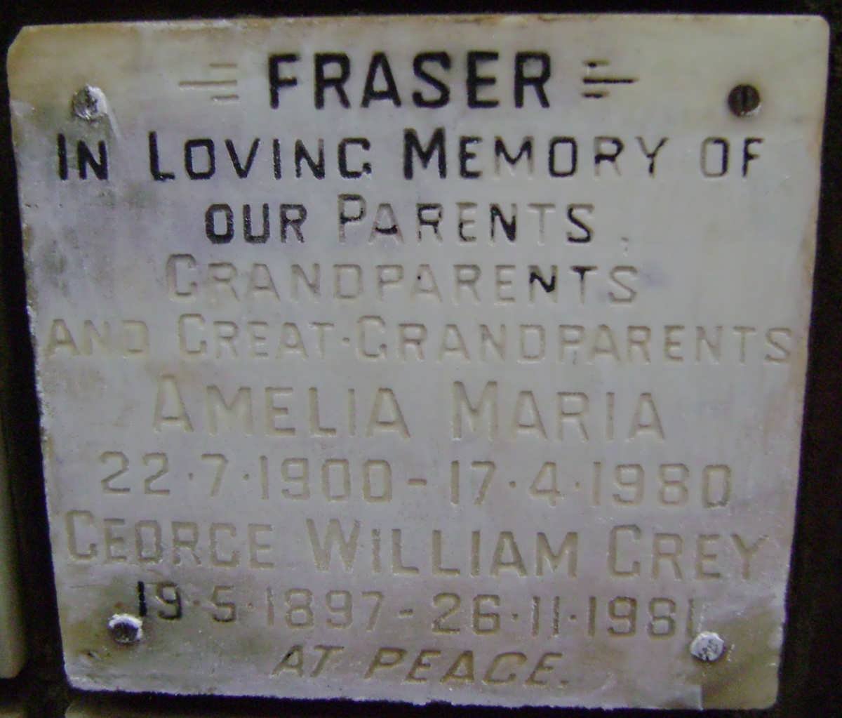 FRASER George William Grey 1897-1981 &amp; Amelia Maria 1900-1980