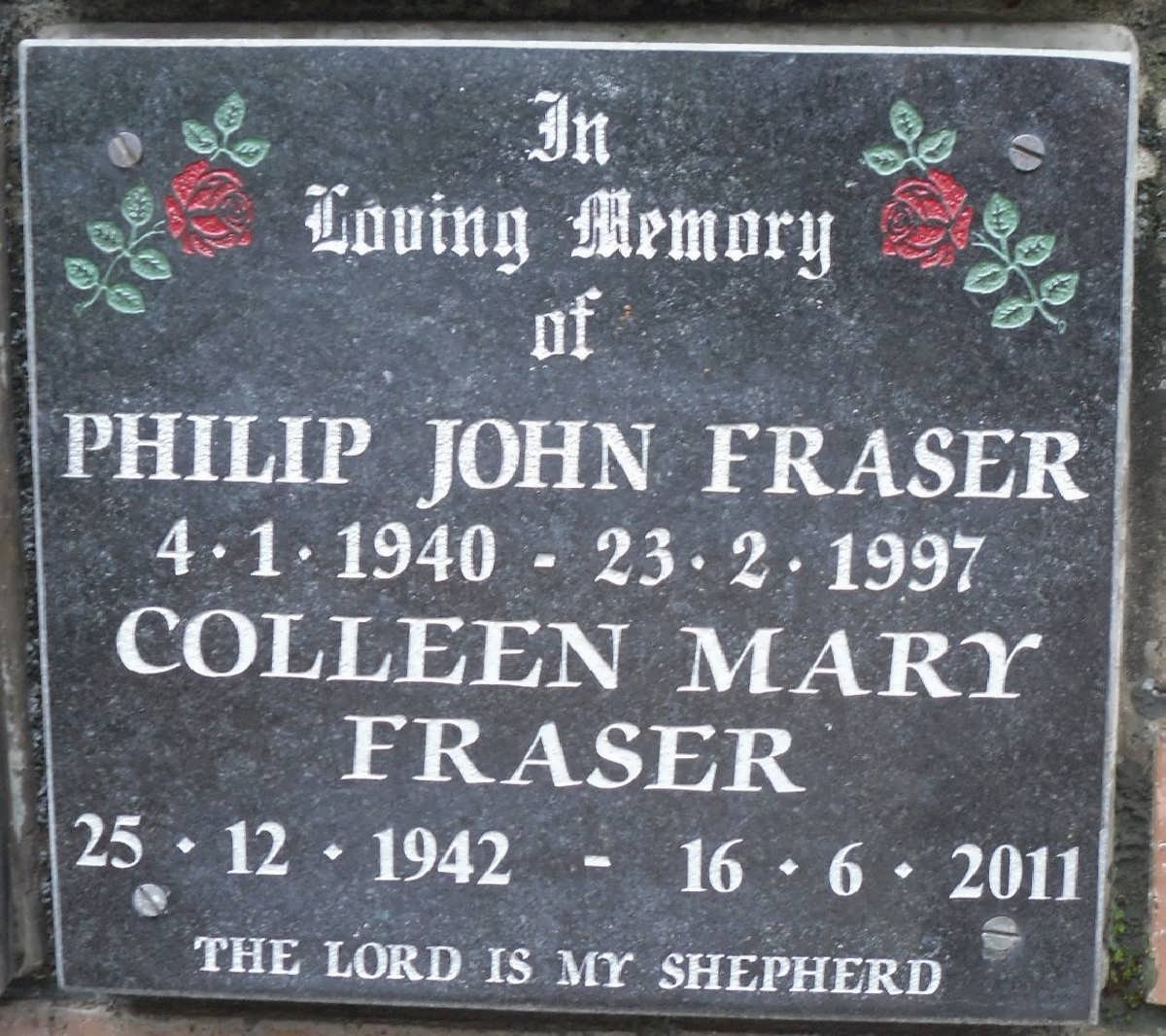 FRASER Philip John 1940-1997 &amp; Colleen Mary 1942-2011