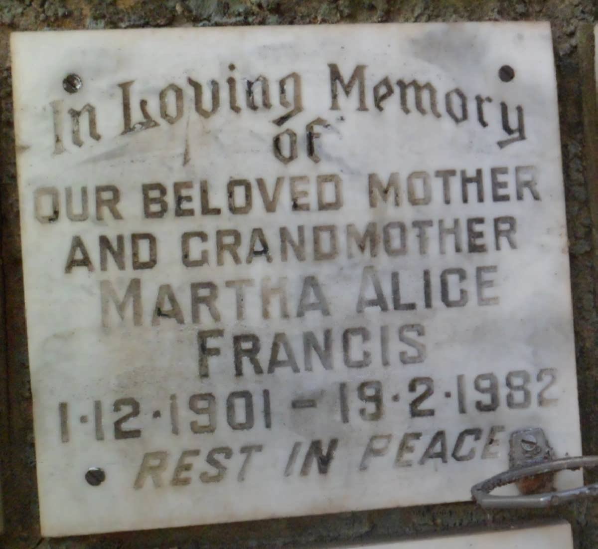 FRANCIS Martha Alice 1901-1982