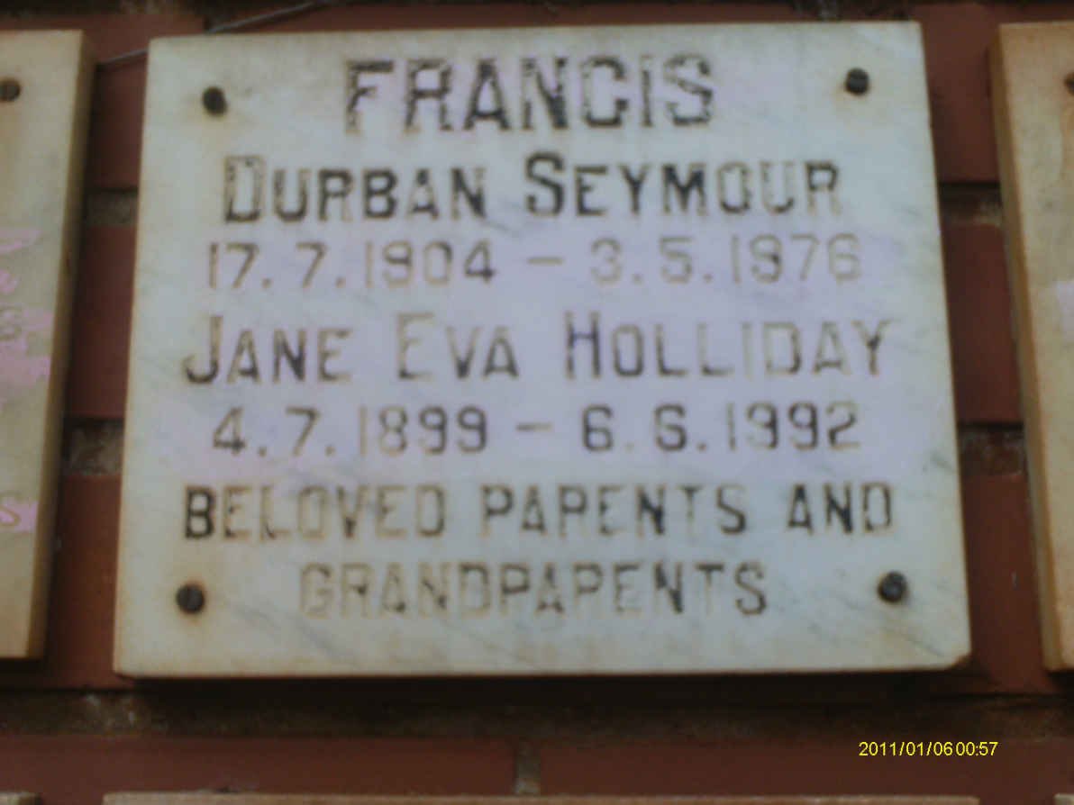 FRANCIS Durban Seymour 1904-1976 &amp; Jane Eva Holliday 1899-1992