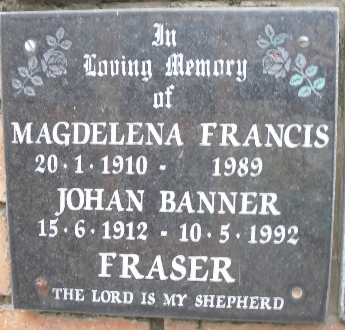 FRASER Johan Banner 1912-1992 &amp; Magdelena 1910-1989