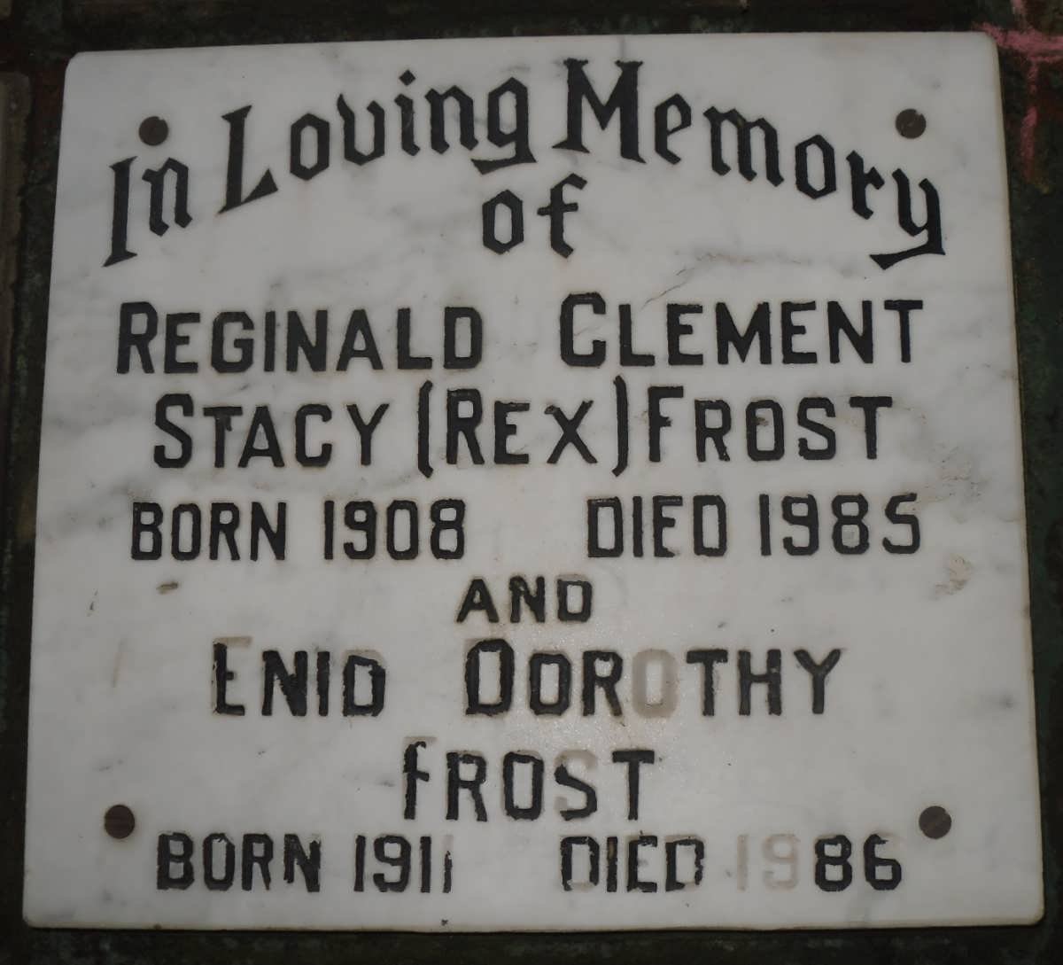 FROST Reginald Clement Stacy 1908-1985 &amp; Enid Dorothy1911-1986