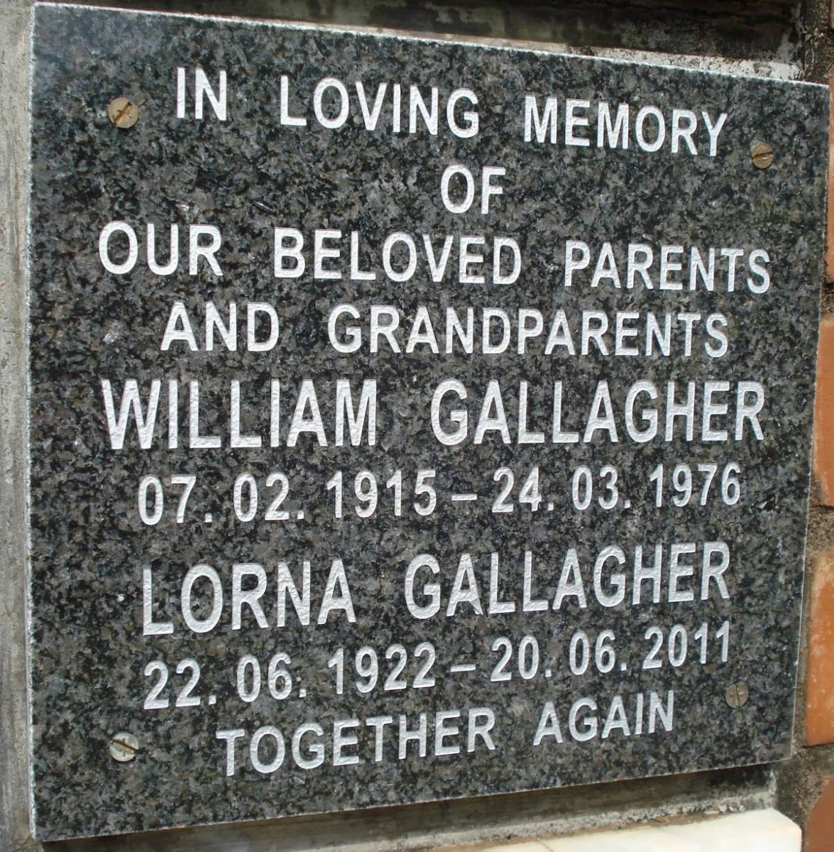 GALLAGHER William 1915-1976 &amp; Lorna 1922-2011