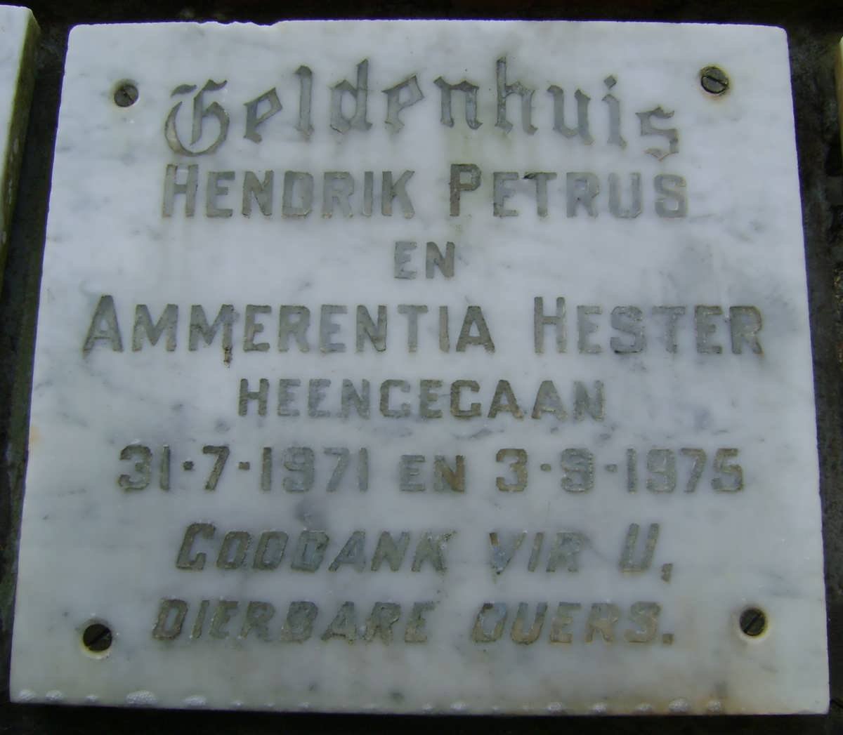 GELDENHUIS Hendrik Petrus -1971 &amp; Ammerentia Hester -1975