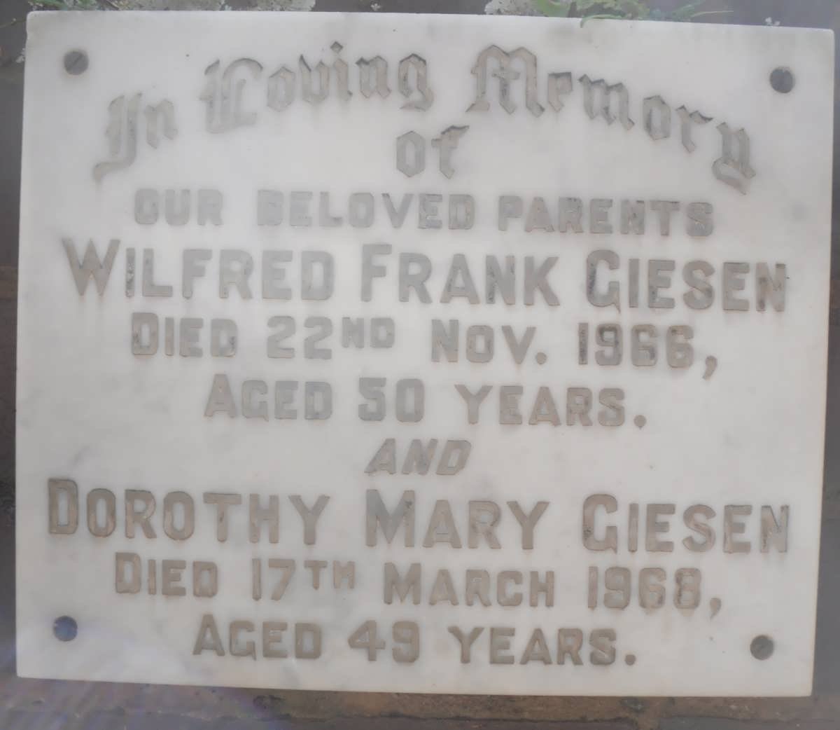 GIESEN Wilfred Frank -1966 &amp; Dorothy Mary -1968