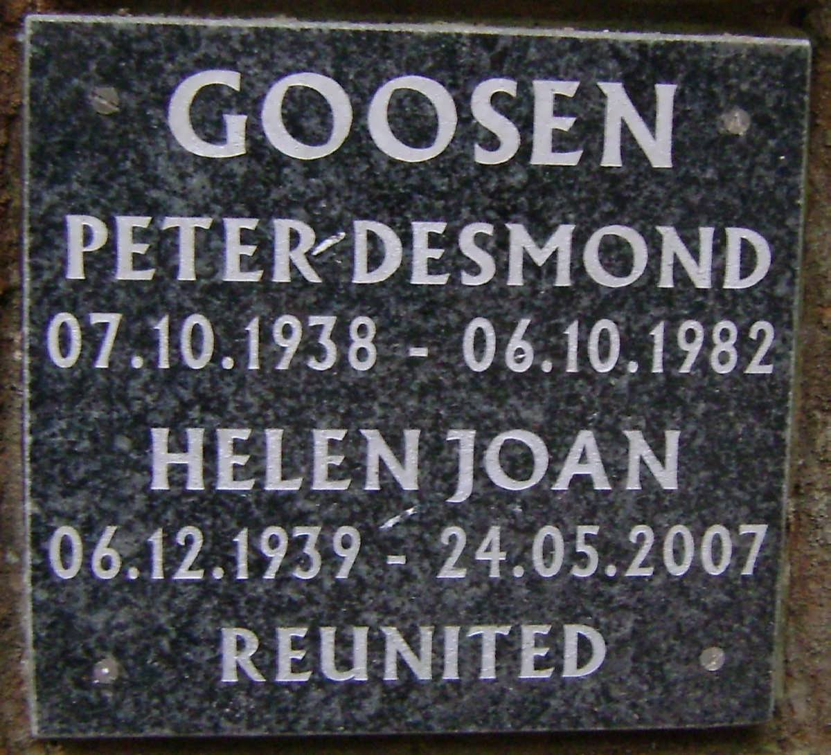 GOOSEN Peter Desmond 1938-1982 &amp; Helen Joan 1939-2007