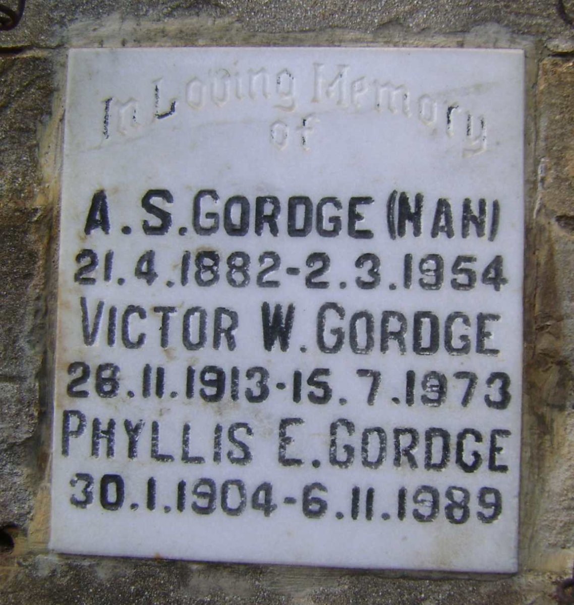 GORDGE A.S. 1882-1954 :: GORDGE Victor W. 1913-1973 :: GORDGE Phyllis E. 1904-1989