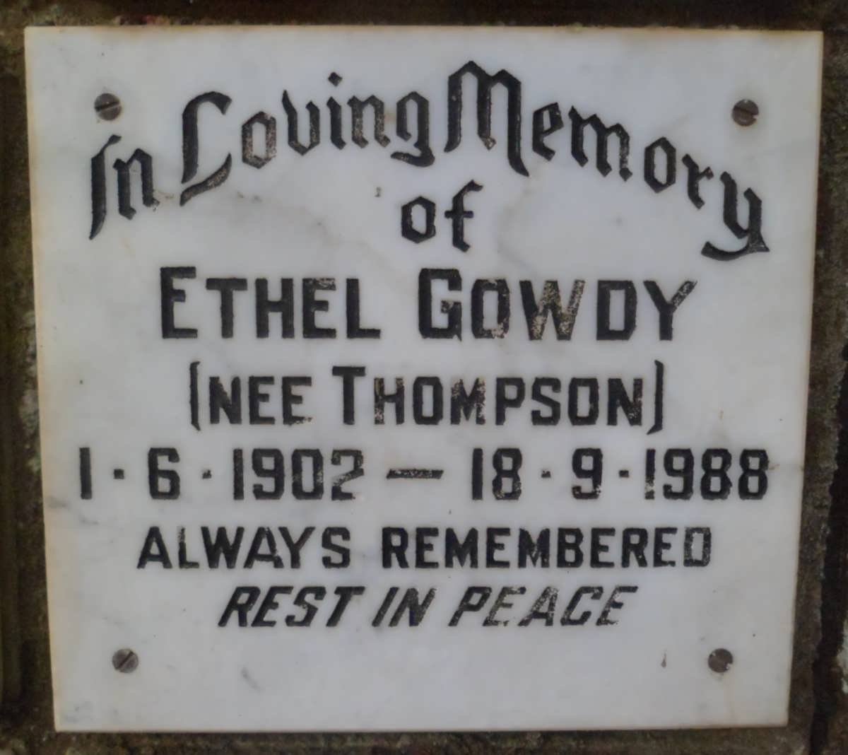GOWDY Ethel nee THOMPSON 1902-1988