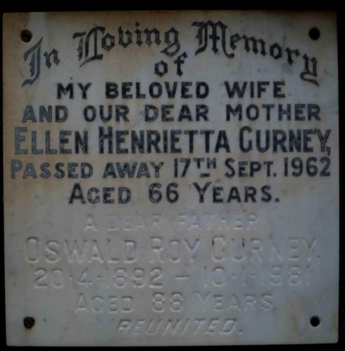 GURNEY Oswald Roy -1892-1981 &amp; Ellen Henrietta -1962